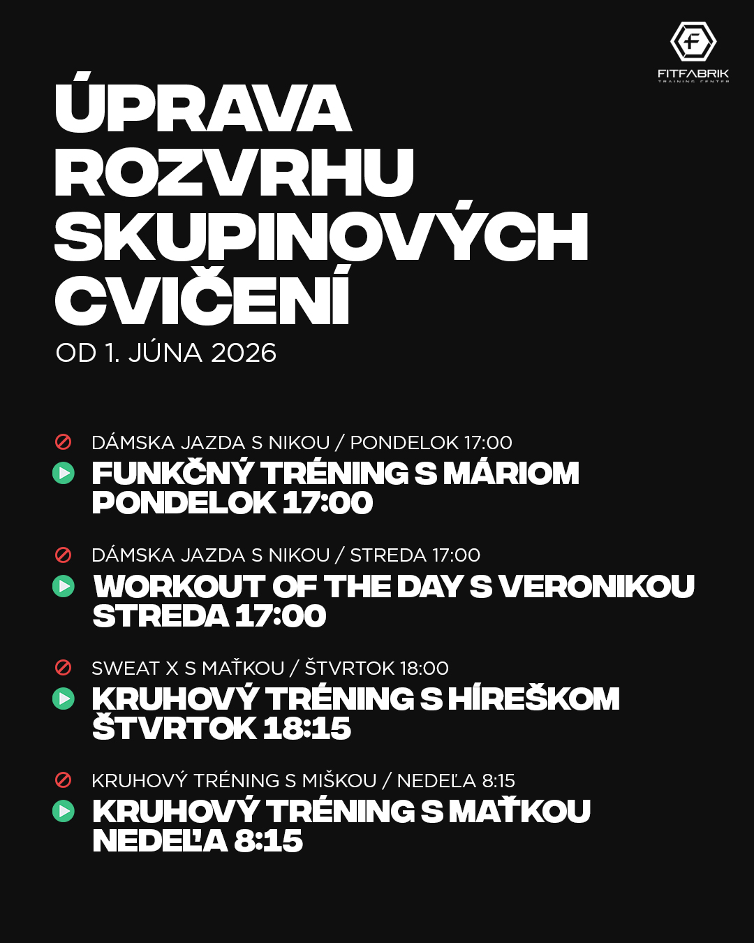 FitFabrik - rozvrh skupinovych cvičení 2026